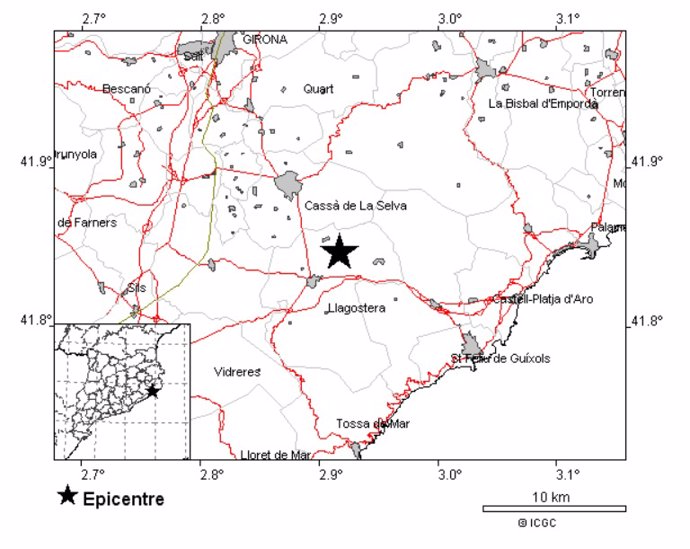 Mapa del seísmo registrado en Cass de la Selva (Girona)