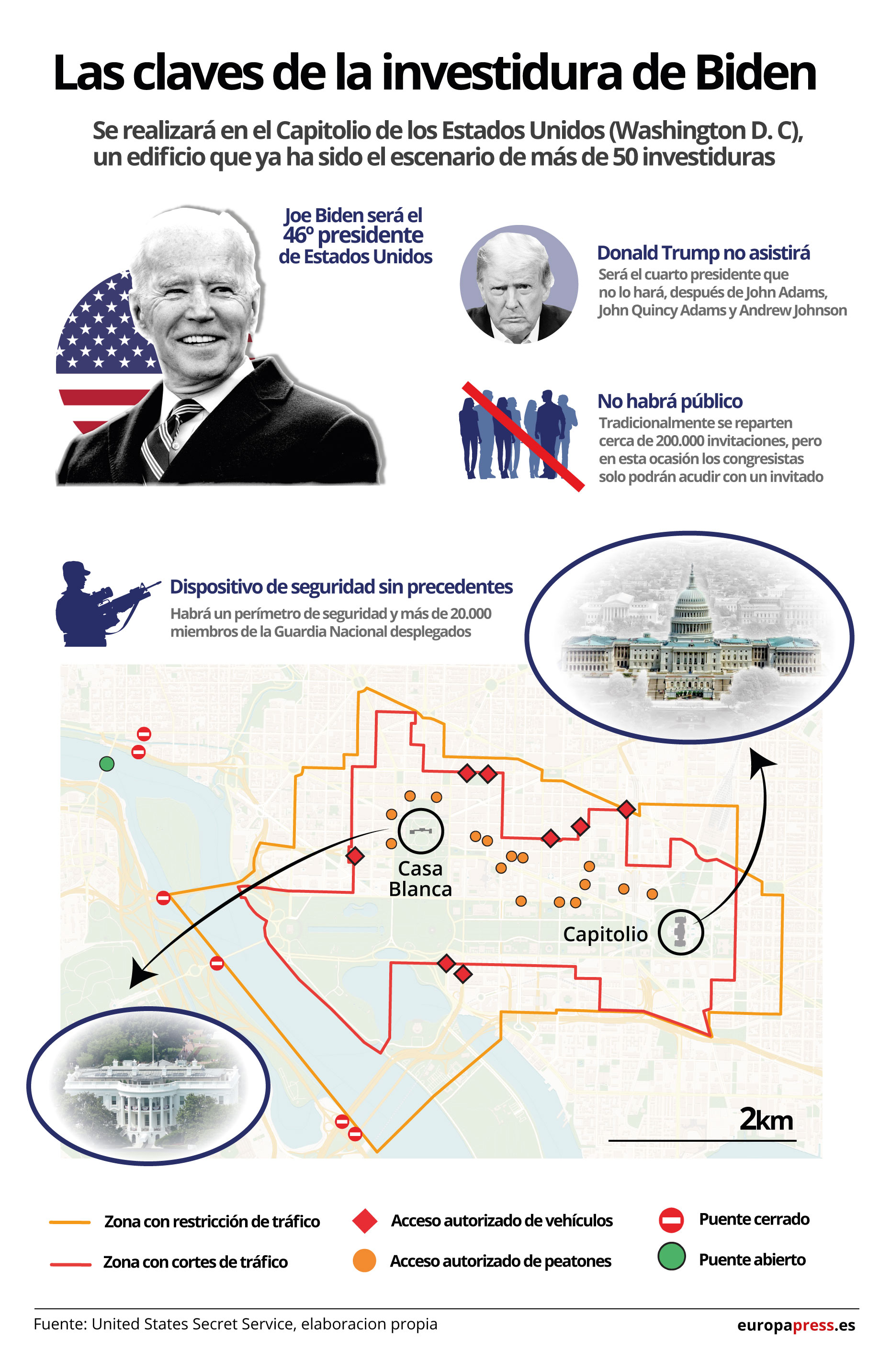 Infografía con claves y medidas de seguridad para la investidura de Joe Biden como presidente de Estados Unidos el 20 de enero de 2021 en el edificio del Capitolio (Washington D. C., Estados Unidos)