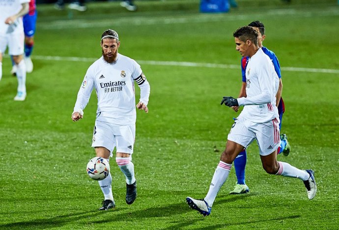 Raphael Varane and Sergio Ramos of Real Madrid CF during the Spanish league, La Liga Santander, football match played between SD Eibar SAD and Real Madrid CF at Ipurua stadium on December 20, 2020 in Eibar, Spain.