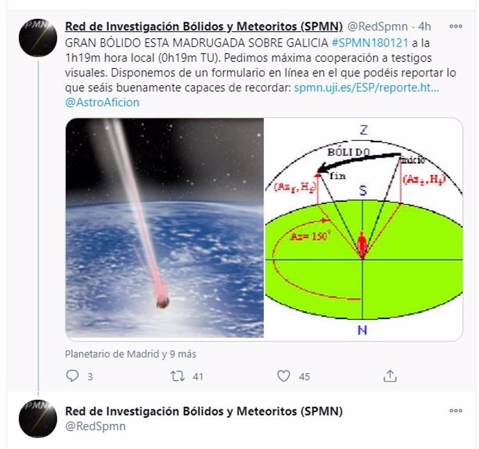 Captura del Twitter de a SPMN sobre la detección del meteorito.