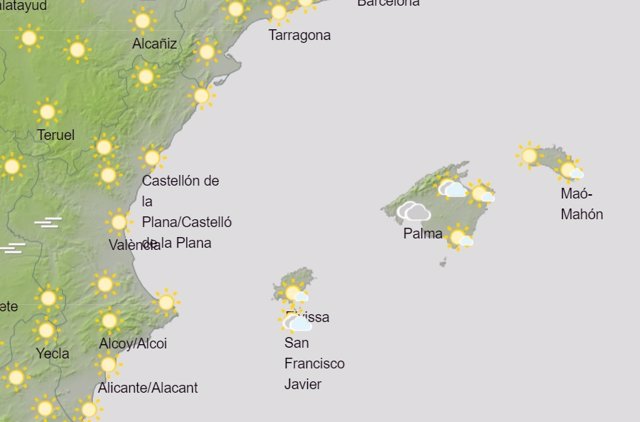 Tiempo previsto para este martes en Baleares, según la Aemet.