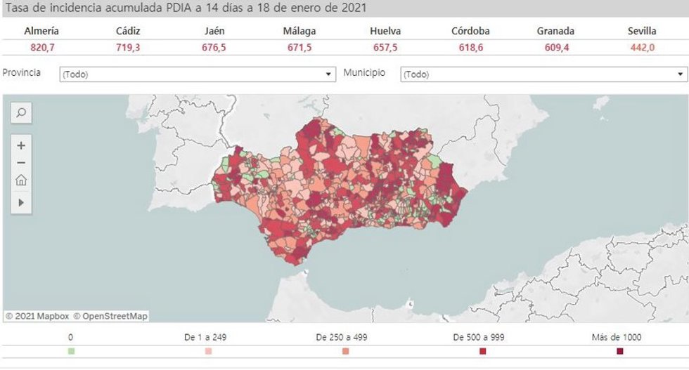 Mapa de incidencia del Covid-19 en Andalucía por municipios a 18 de enero de 2021