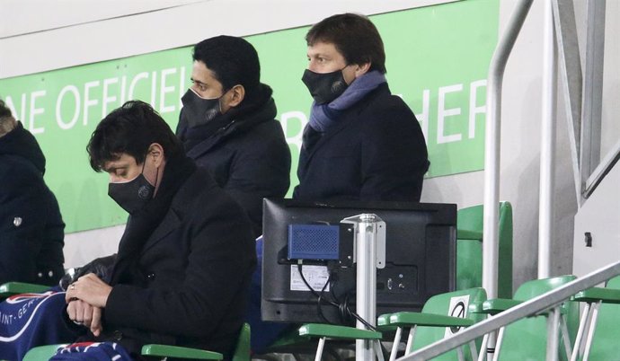 President of PSG Nasser Al Khelaifi, Sporting Director of PSG Leonardo Araujo attend the French championship Ligue 1 football match between AS Saint-Etienne (ASSE) and Paris Saint-Germain (PSG) on January 6, 2021 at stade Geoffroy Guichard in Saint-Etie