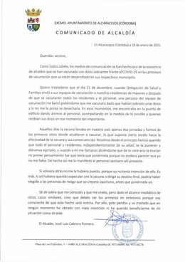Carta del alcalde de Alcaracejos a sus vecinos pidiendo perdón por haberse vacunado contra el Covid.