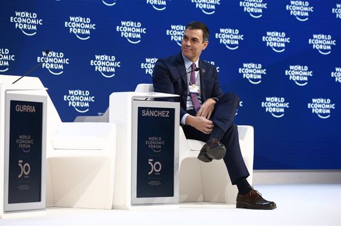 El  presidente del Gobierno, Pedro Sánchez durante su intervención en el Foro Económico Mundial, en Davos (Suiza) en enero de 2020.