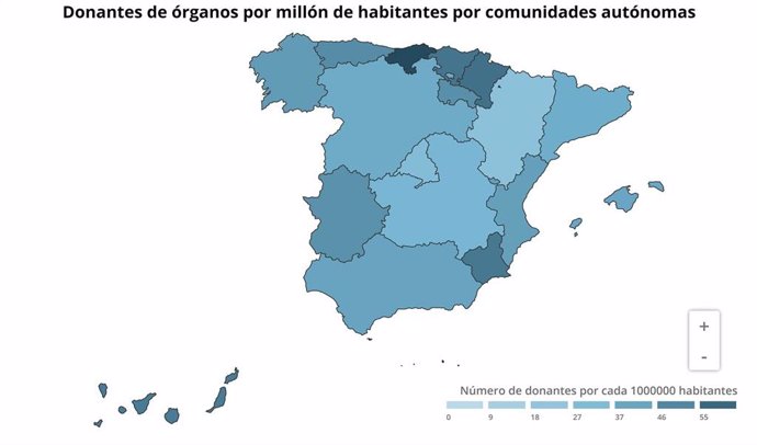 Donantes de órganos por millón de habitantes por comunidades autónomas