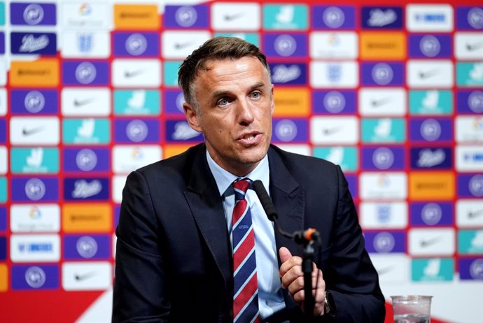 FILED - 18 February 2020, England, London: English women's national football team coach Phil Neville speaks during the press conference at Wembley Stadium. England women's coach Phil Neville is set to stand down when his contract expires next summer, th