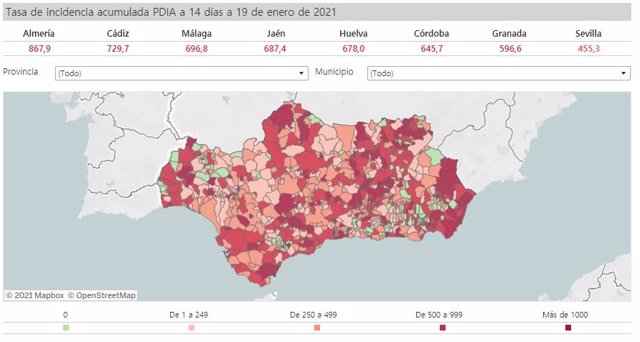 Mapa de incidencia del Covid-19 en Andalucía por municipios a 19 de enero de 2021