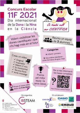 Cartel promocional del concurso 'Jo també vull ser científica', una iniciativa organizada por el Govern con motivo del Día Internacional de la Mujer y la Niña en la Ciencia.