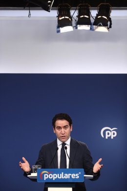 El secretario general del PP, Teodoro García Egea, comparece en rueda de prensa