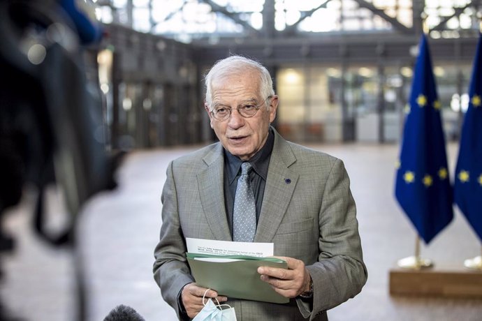 HANDOUT - 18 December 2020, Belgium, Brussels: High Representative of the European Union for Foreign Affairs and Security Policy Josep Borrell speaks to media ahead of a meeting of the EU-Azerbaijan Cooperation Council at the European council building. 