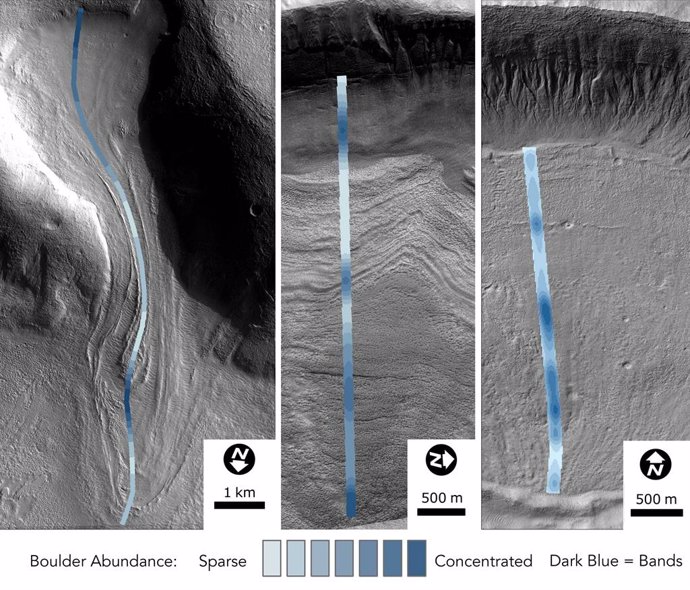 La imagen de un glaciar en Marte muestra la abundancia de rocas dentro del hielo.