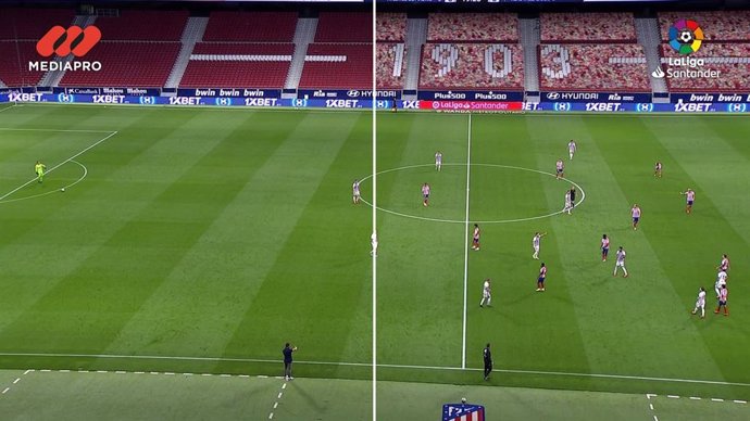 Imagen partida de una retransmisión de un partido del Atlético en el Wanda Metropolitano con y sin la grada virtual de LaLiga y MEDIAPRO