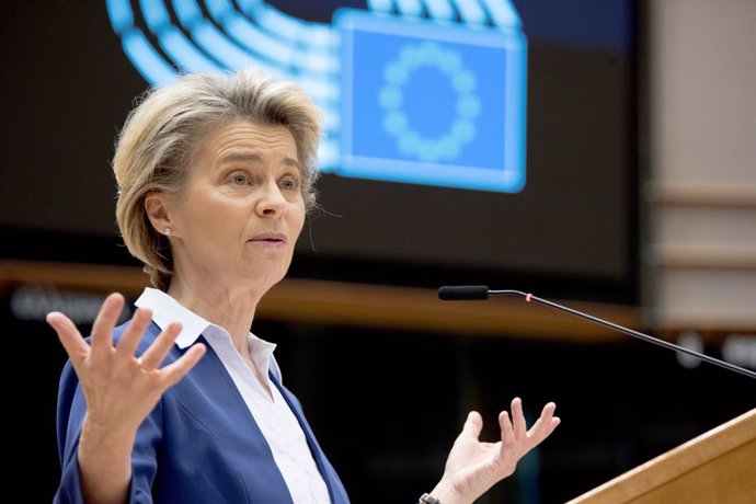 HANDOUT - 20 January 2021, Belgium, Brussels: President of the European Commission Ursula von der Leyen speaks during a plenary session of the European Parliament which focused on the inauguration of the new US President Joe Biden and the presentation o