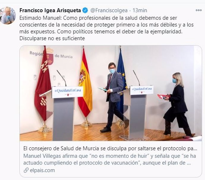 Captura del tuit publicado por Francisco Igea sobre la vacunación del consejero de Sanidad de Murcia.