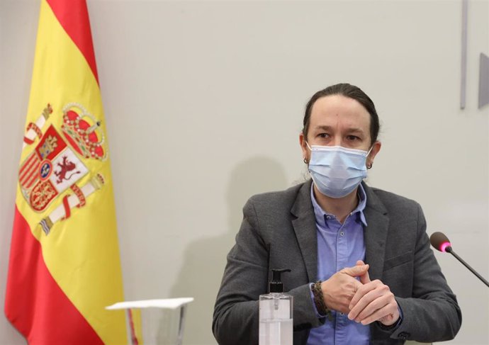 El vicepresidente del Gobierno y ministro de Derechos Sociales y Agenda 2030, Pablo Iglesias, participa en el acto de clausura de la presentación del informe del Consejo Económico y Social de España (CES).