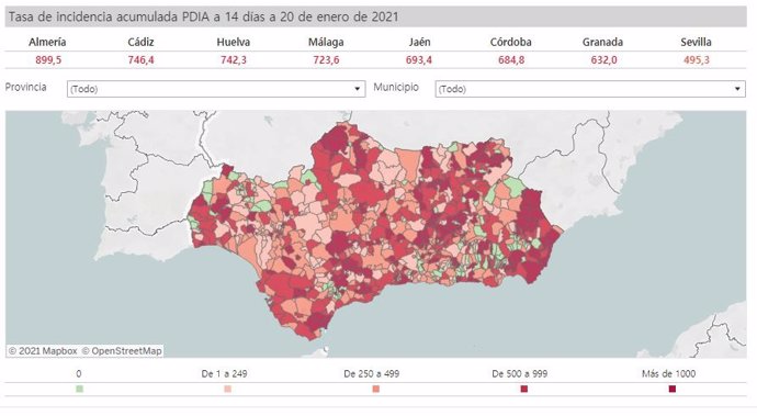 Mapa de incidencia del Covid-19 en Andalucía por municipios a 20 de enero de 2021