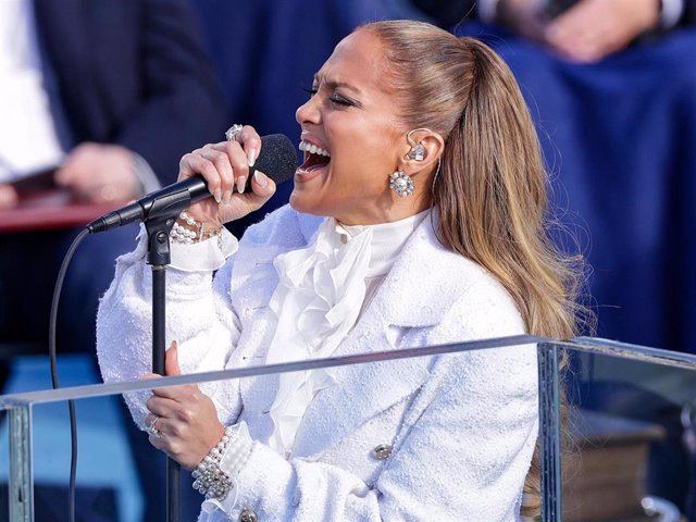 Jennifer Lopez sings during the inauguration of U.S. President-elect Joe Biden on the West Front of the U.S. Capitol on January 20, 2021 in Washington, DC.  During today's inauguration ceremony Joe Biden becomes the 46th president of the United States.