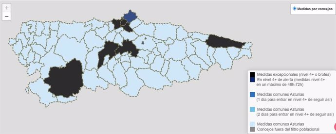 Mapa actual de los concejos en los que hay restricciones por niveles elevados de contagios de coronavirus.