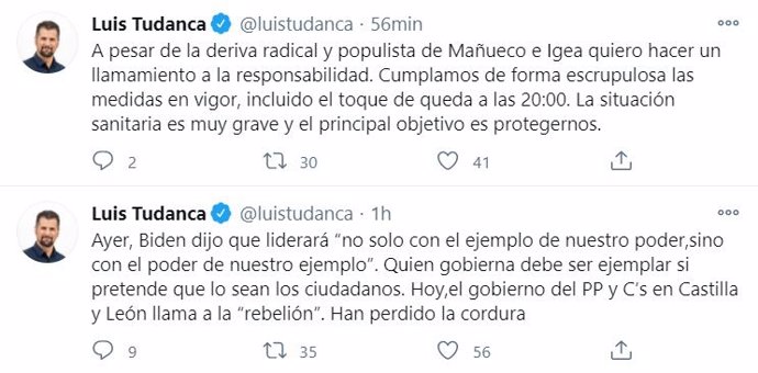 Tuits del secretario general del PSOECyL, Luis Tudanca, en respuesta a la llamada a la "rebelión cívica" por parte del vicepresidente de la Junta, Francisco Igea.