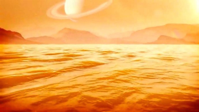 Una representación artística de Kraken Mare, el gran mar de metano líquido en la luna Titán de Saturno.