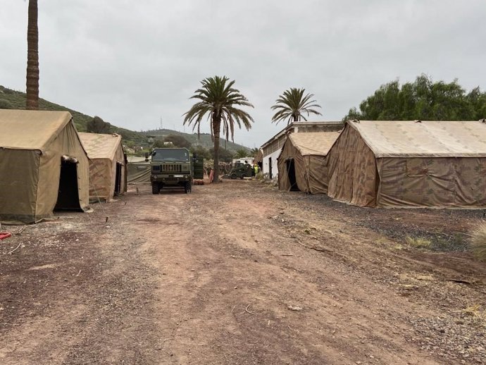 Campamento para inmigrantes instalado por el Ejército de Tierra en el antiguo polvorín de 'Barranco Seco', en Las Palmas de Gran Canaria