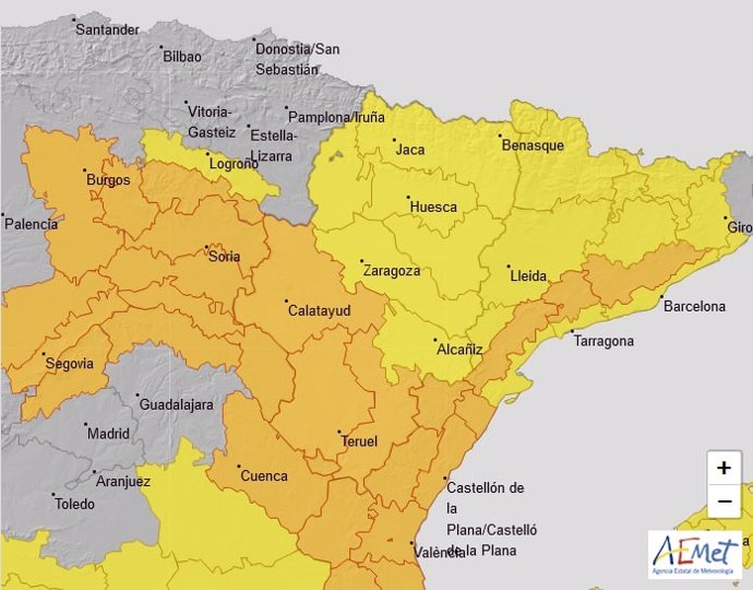 Avisos naranja y amarillo por vientos en todo Aragón y amarillo por lluvias y nevadas en el Pirineo, este viernes.