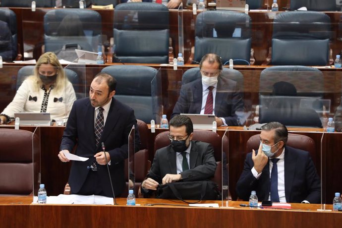 El consejero madrileño de Economía, Empleo y Competitividad, Manuel Giménez, interviene durante una sesión plenaria en la Asamblea de Madrid 