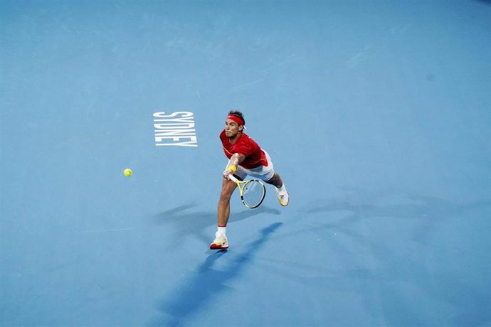 Rafael Nadal of Spain iin action in his finals match against Novak Djokovic of Serbia during day 10 of the ATP Cup tennis tournament at Ken Rosewall Arena in Sydney, Sunday, January 12, 2020. (AAP Image/Mark Evans) NO ARCHIVING, EDITORIAL USE ONLY