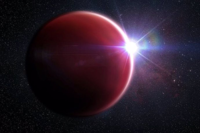 Ilustración artística de WASP-62b, el primer planeta similar a Júpiter detectado sin nubes ni neblina en su atmósfera observable.