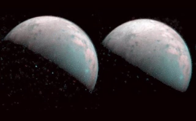 El mapeador de auroras infrarrojas jovianas a bordo de la nave espacial Juno capturó estas imágenes de la luna de Júpiter, Ganímedes, el 26 de diciembre de 2019.