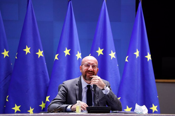 HANDOUT - 21 January 2021, Belgium, Brussels: European Council President Charles Michel takes part in a EU summit video conference at the European Council headquarters. EUleaders were striving to forge a strategy to keep in check fast-spreading new cor