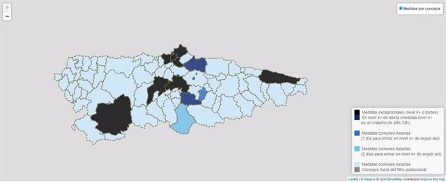 Situación actual de los concejos asturianos en riesgo extremo de transmisión del coronavirus.