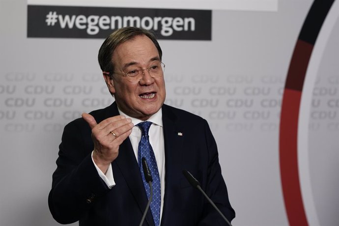 22 January 2021, Berlin: Minister President of North Rhine-Westphalia and new federal chairman of the Christian Democratic Union of Germany (CDU) Armin Laschet speaks during a press statement after the counting of the postal vote. Photo: Michael Kappele