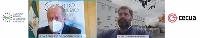 Imagen del encuentro virtual que han mantenido el presidente de la FAMP y de la Diputación de Sevilla, Fernando Rodríguez Villalobos, y el presidente de Cecua, Andrés Rodríguez González, sobre el precio/hora de la ayuda a domicilio.