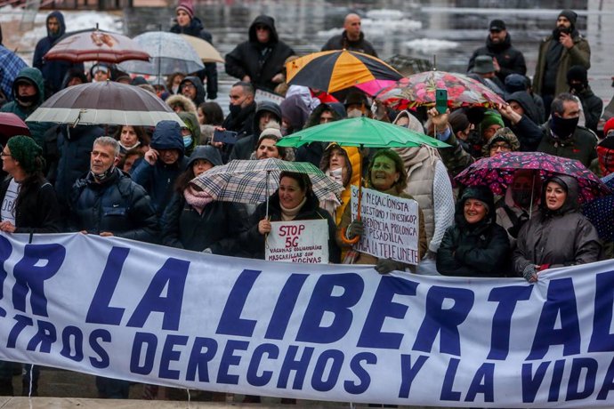 Manifestants participen en la concentració convocada pel centre de la capital contra les mesures imposades i la crisi sanitria de la COVID-19, a Madrid, (Espanya), a 23 de gener de 2021. 