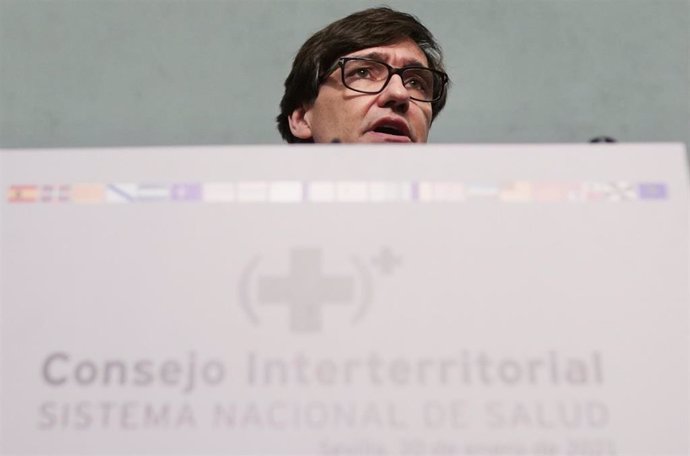 El ministro de Salud Salvador Illa , en la rueda de prensa posterior a la reunión del Consejo Interterritorial del SNS en Sevilla a 20 de enero 2020