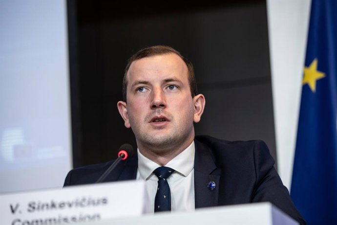 HANDOUT - 23 October 2020, Belgium, Brussels: European Commissioner for the Environment, Oceans and Fisheries Virginijus Sinkevicius speaks during a press conference following the EU environment ministers meeting. Photo: Zucchi Enzo/European Council/dpa