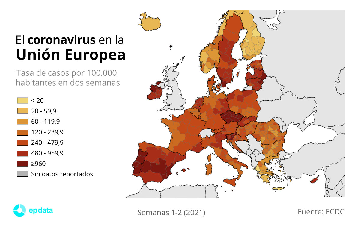 Mapa con tasa de incidencia acumulada de coronavirus por 100.000 habitantes en las primeras dos semanas de 2021 por regiones en la Unión Europea