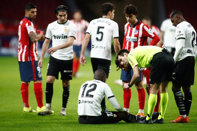 Mouctar Diakhaby of Valencia gets injured during the spanish league, La Liga, football match played between Atletico de Madrid and Valencia CF at Wanda Metropolitano stadium on january 24, 2021, in Madrid, Spain.