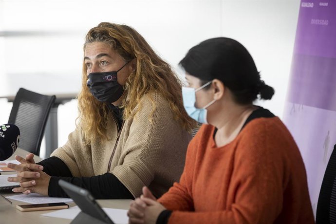 Gemma Martínez e Iratxe Serrano en la reunión mantenida con responsables de Derechos Sociales de los cabildos para abordar la situación de los menores inmigrantes no acompañados