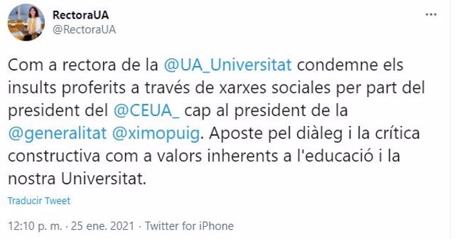 Tuit de la rectora de la UA de condena de los insultos