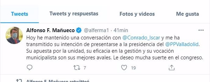 Captura del tuir escrito por Alfonso Fernández Mañueco sobre Conrado Íscar.