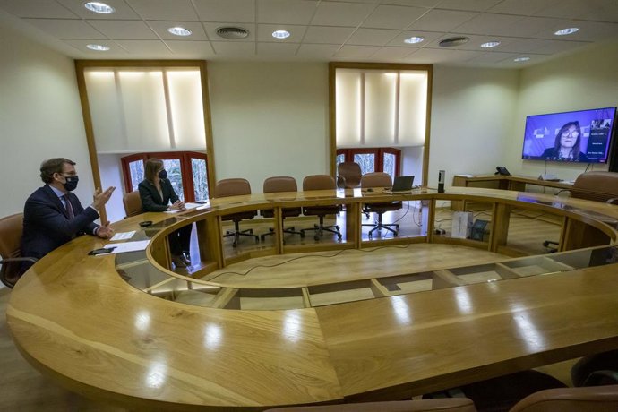 EL presidente de la Xunta, Alberto Núñez Feijóo, y la conselleira de Política Social, Fabiola García, se reúnen de forma telemática con la vicepresidenta para la Democracia y la Demografía de la Comisión Europea, Dubravka Suica
