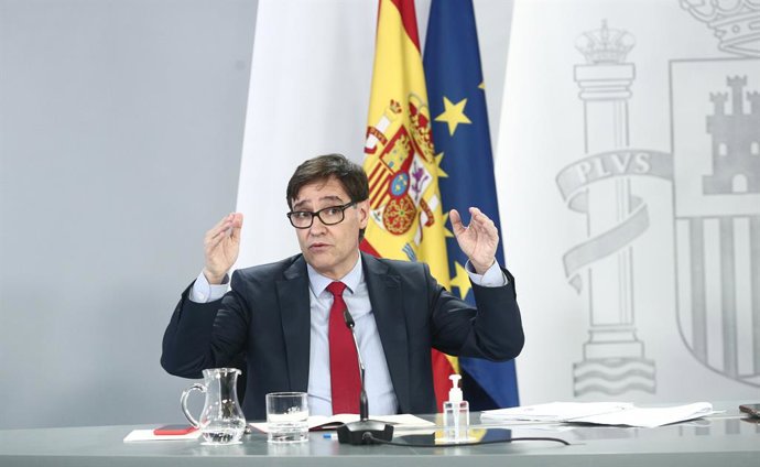 El ministro de Sanidad, Salvador Illa, durante una rueda de prensa posterior al Consejo de Ministros, en la Moncloa, Madrid, (España), a 26 de enero de 2021. La rueda de prensa estará marcada por su intervención tras participar este martes en su último 