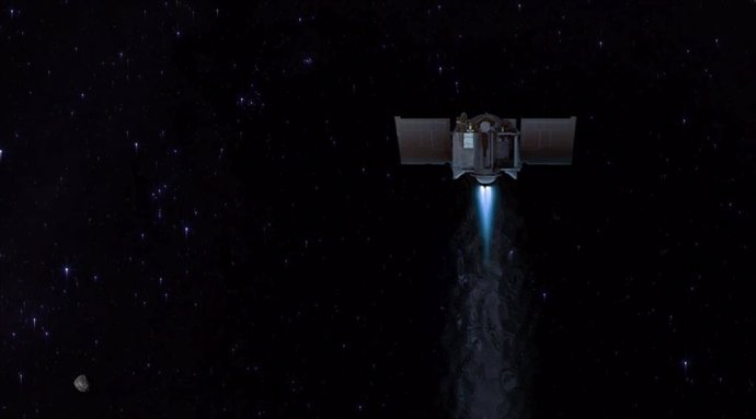 Esta ilustración muestra la nave espacial OSIRIS-REx partiendo del asteroide Bennu para comenzar su viaje de dos años de regreso a la Tierra.