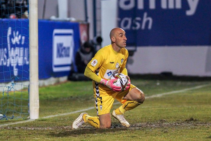 Jose Juan Figueras of CD Alcoyano stop the ball during the spanish cup, Copa del Rey football match played between CD Alcoyano and Real Madrid at El Collao stadium on January 20, 2021 in Alcoy, Alicante, Spain.