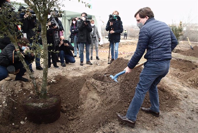 El alcalde de Madrid, José Luis Martínez-Almeida, durante la plantación del primer árbol del futuro en las obras del nuevo parque Central de Valdebebas