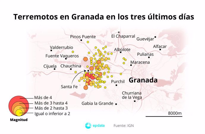 Mapa con terremotos registrados en Granada durante los últimos tres días a 27 de enero