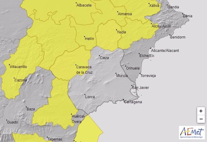 Mapa con los avisos meteorológicos en la Región de Murcia el sábado